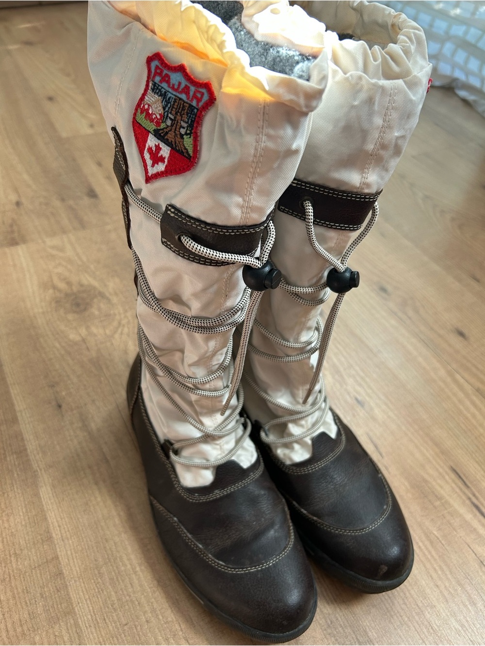 Pajar Tall Winter Boots in Cream and Brown with Crest Patch